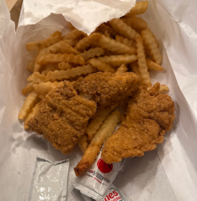 Chicken strips with crinkle-cut fries
